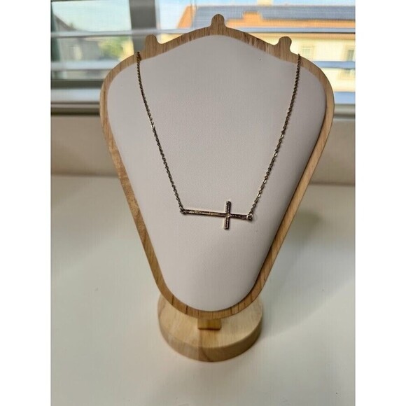 Gold Plated Sideways Cross Necklace Pendant Adjustable Trendy Everyday Simple - Picture 4 of 5